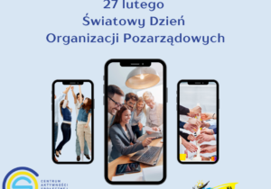 Grafika z okazji światowego dnia NGO. Ludzie wokół laptopa, złączone dłonie oraz ludzie skaczący do góry.